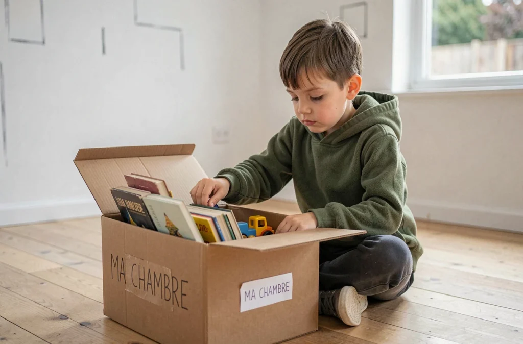 Jeune garçon rangeant ses affaires dans un carton dans une chambre vide lors d'un déménagement