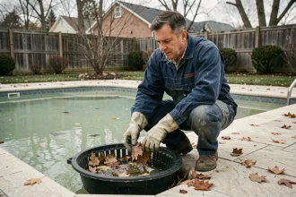 Homme en salopette inspectant un skimmer de piscine enterrée mal hivernée en automne
