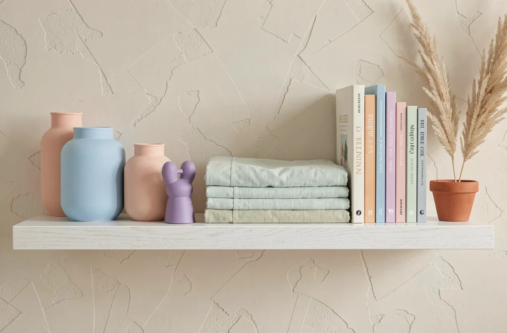 Étagère décorative avec vases pastel bleu poudre et pêche, sculptures lilas et textiles menthe pliés dans une chambre moderne