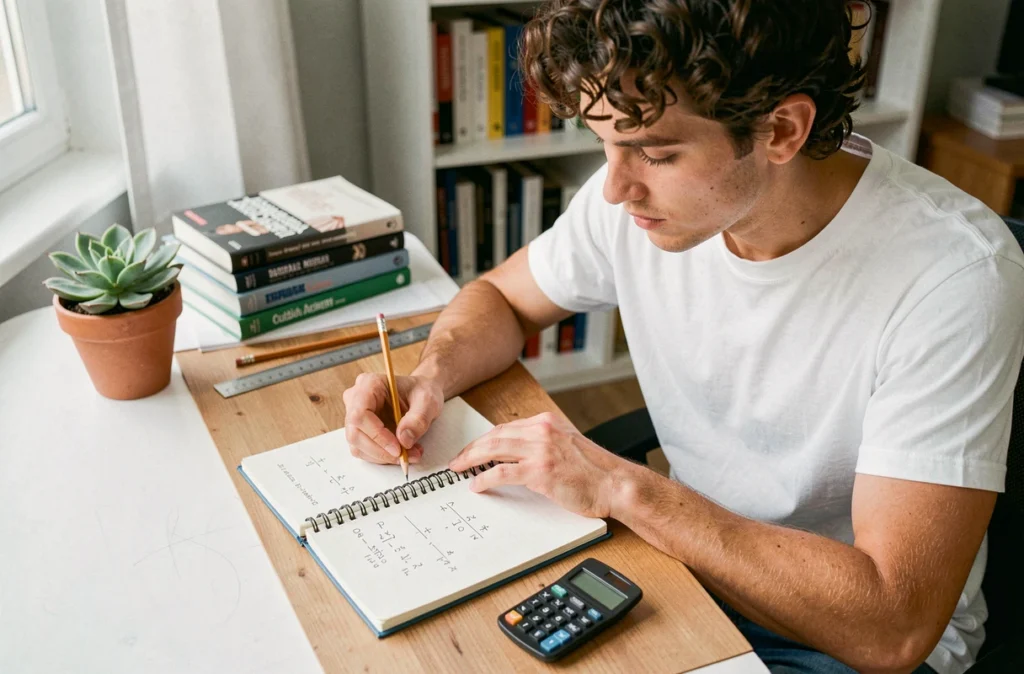 Étudiant écrivant des formules de conversion en mètres cubes dans un cahier à son bureau
