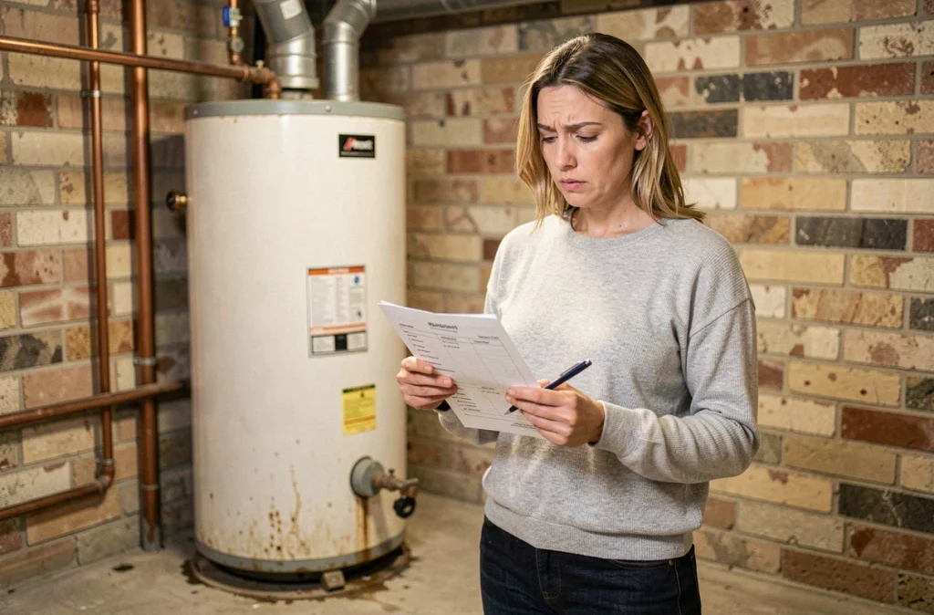 Femme consultant une facture d'entretien de chauffe-eau à gaz dans un sous-sol résidentiel