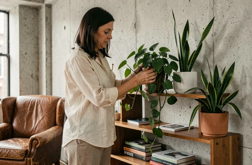 Femme arrangeant des plantes vertes sur une étagère en bois dans un salon urbain au style industriel