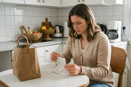 Femme vérifiant une facture de courses Carrefour livrée à domicile dans une petite cuisine d'appartement