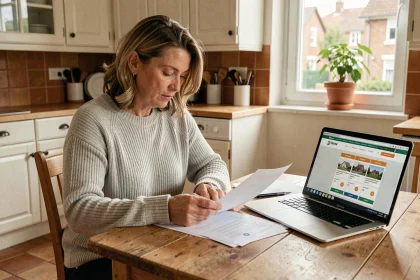 Femme consultant son contrat d'assurance habitation Macif sur ordinateur portable à la table de cuisine
