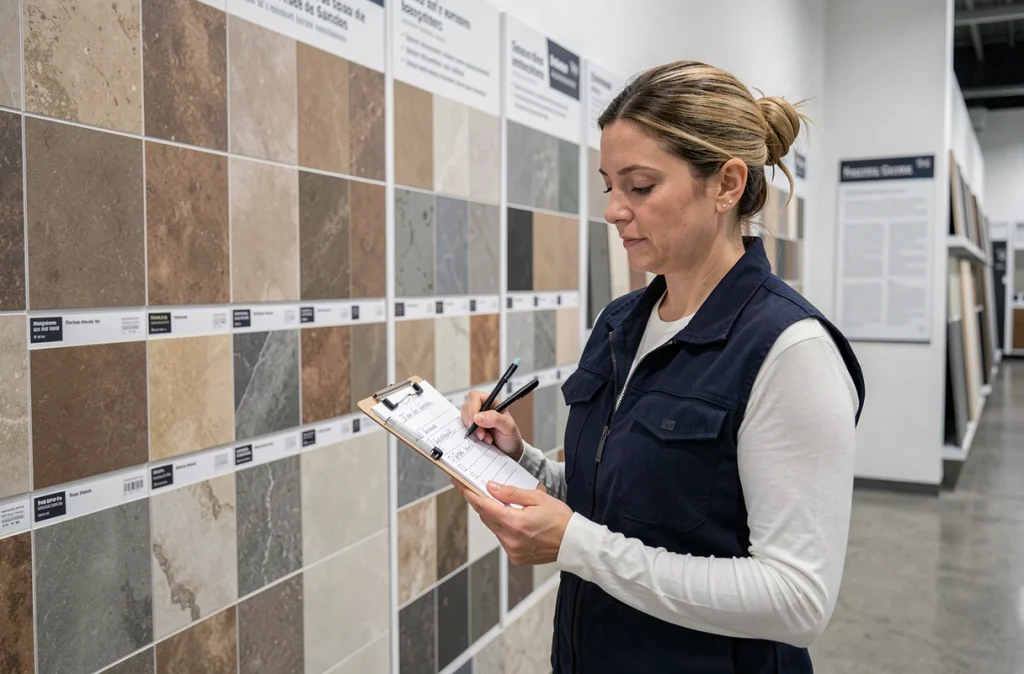 Femme consultant une liste de travaux devant un rayon de carrelage dans un magasin de bricolage