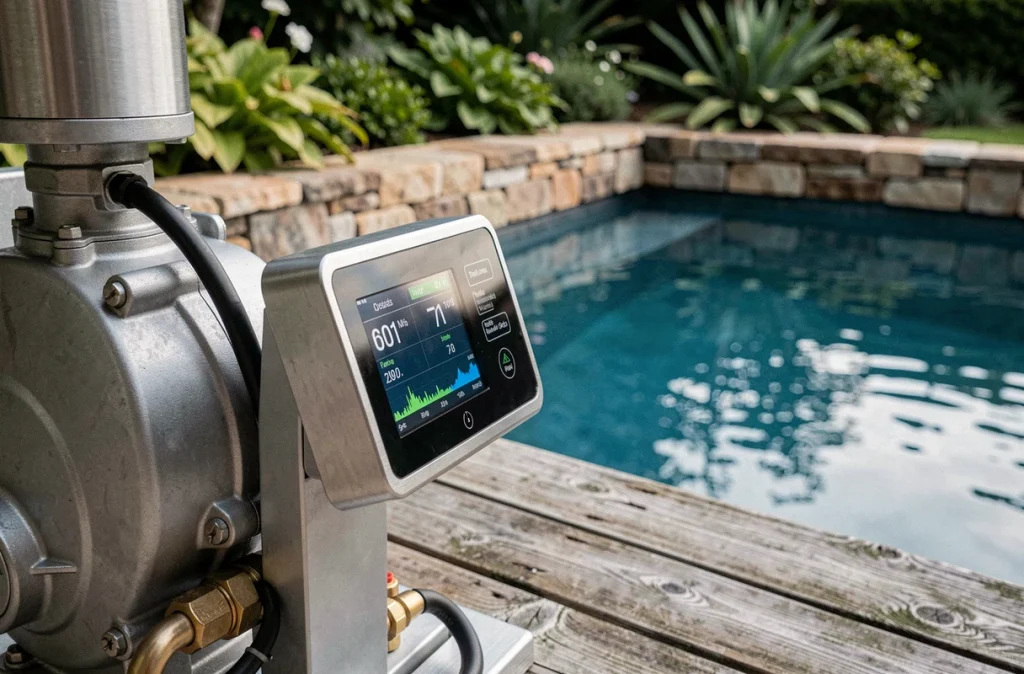 Gros plan sur le panneau de contrôle numérique d'une pompe à chaleur installée en bord de piscine privée