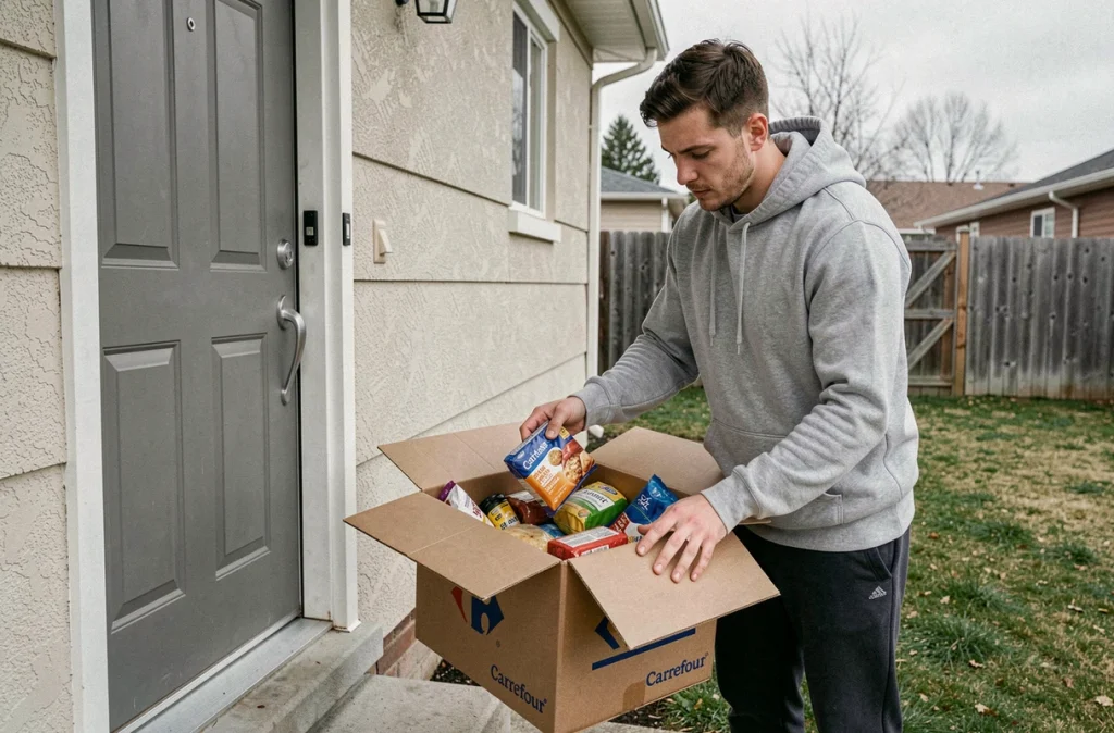 Homme ouvrant un colis de livraison Carrefour devant sa maison en évaluant le contenu pour son budget