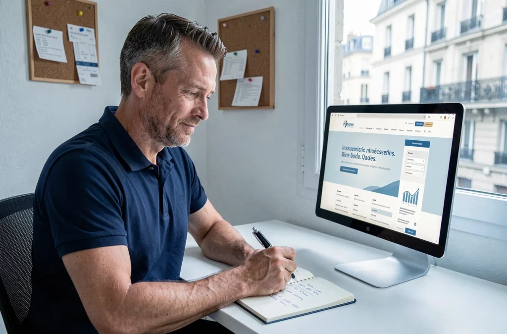 Homme calculant son budget logement et optimisant son contrat habitation Macif depuis son bureau à domicile