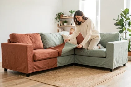Femme retournant une housse réversible bicolore sur un canapé d'angle dans un salon moderne décoré de plantes vertes