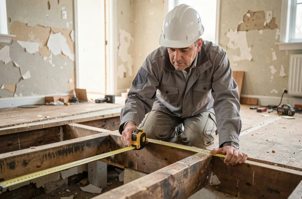 Ingénieur mesurant la portée entre deux solives en bois lors d'une rénovation de plancher dans une maison ancienne