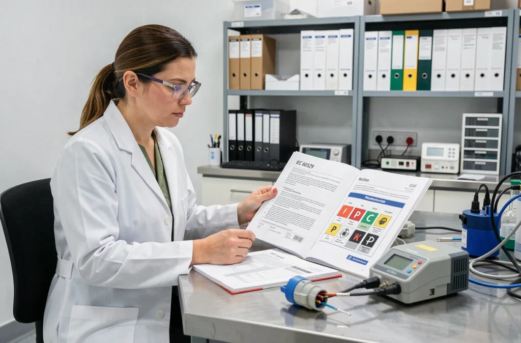 Ingénieure consultant les normes IEC 60529 et IP44 dans un laboratoire de certification électrique