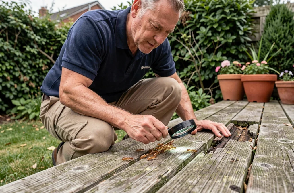 Inspecteur professionnel examinant des termites ailées sur une terrasse en bois de jardin