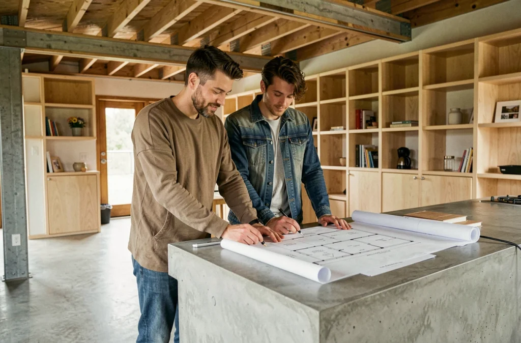 Couple consultant des plans dans l'intérieur spacieux et modulable d'une maison préfabriquée contemporaine