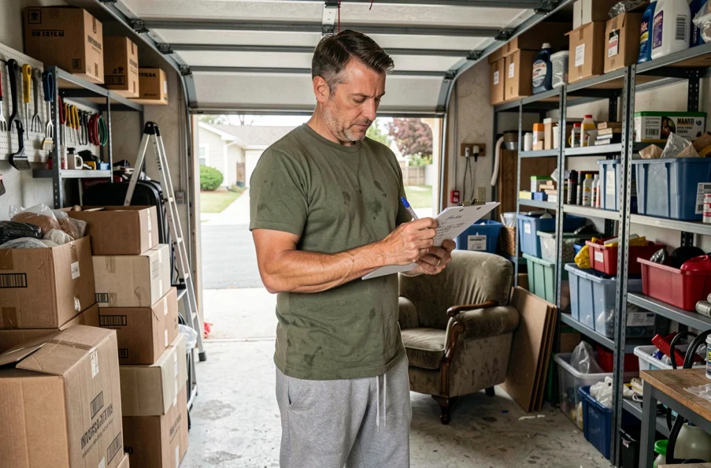 Homme faisant l'inventaire de ses affaires dans un garage encombré avant un déménagement