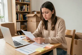 Jeune femme étudiant des documents d'aides financières pour son déménagement à une table en bois avec un ordinateur portable