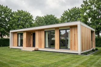 Maison modulaire moderne à ossature bois avec grandes fenêtres et revêtement en bardage naturel dans un quartier résidentiel