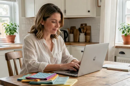 Maman trentenaire qui explore le site Kallou.fr sur son ordinateur portable entouré de tissus colorés dans une cuisine familiale chaleureuse