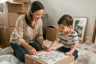 Mère et fils planifiant un déménagement ensemble dans un salon à moitié déballé avec des cartons et une carte dessinée à la main