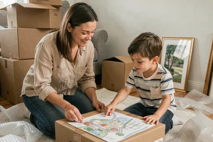 Mère et fils planifiant un déménagement ensemble dans un salon à moitié déballé avec des cartons et une carte dessinée à la main