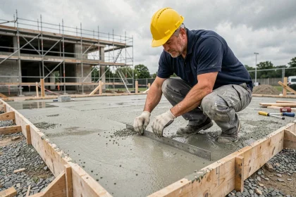 Ouvrier mesurant l'épaisseur d'une dalle béton fraîchement coulée sur un chantier de construction
