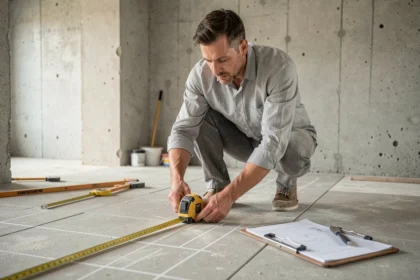Architecte mesurant une surface en béton avec un mètre ruban pour calculer des mètres cubes