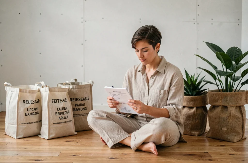 Jeune femme organisant un déménagement durable avec des sacs réutilisables et des plantes enveloppées dans de la toile de jute