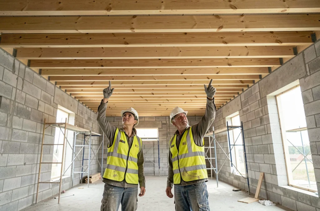 Deux ouvriers sur un chantier de construction examinant des solives en bois portant le plancher d'un bâtiment en cours de construction