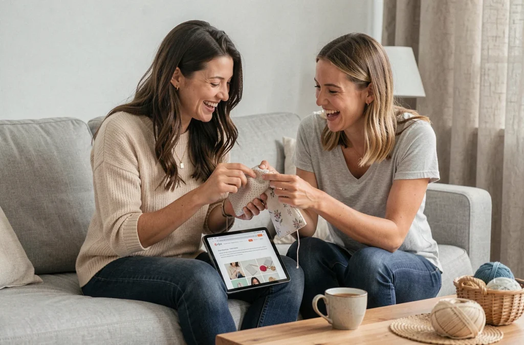 Deux mamans qui partagent leurs créations de couture faite main sur le canapé en regardant un tutoriel sur tablette dans un salon scandinave épuré