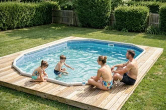 Piscine familiale installée sur un fond plat dans un jardin suburban avec terrasse en bois et pelouse nivelée
