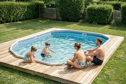 Piscine familiale installée sur un fond plat dans un jardin suburban avec terrasse en bois et pelouse nivelée