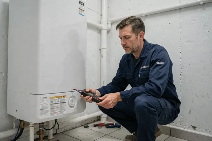 Plombier professionnel inspectant un chauffe-eau électrique mural dans une buanderie domestique