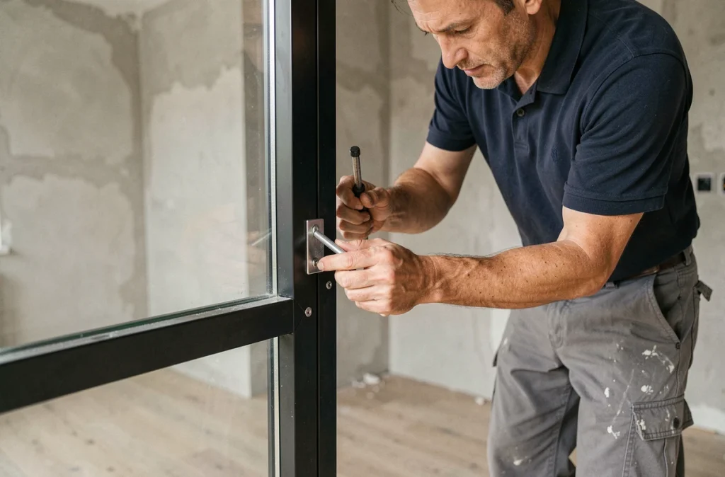 Artisan posant une verrière en acier noir dans un appartement en rénovation, détail du montage