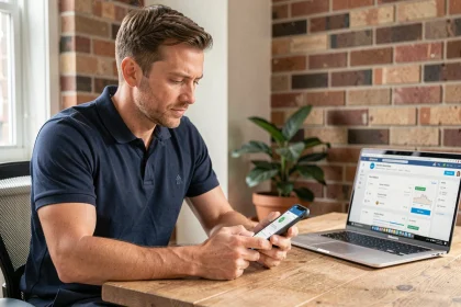 Professionnel indépendant consultant une application de mise en relation de services sur smartphone dans un bureau à domicile