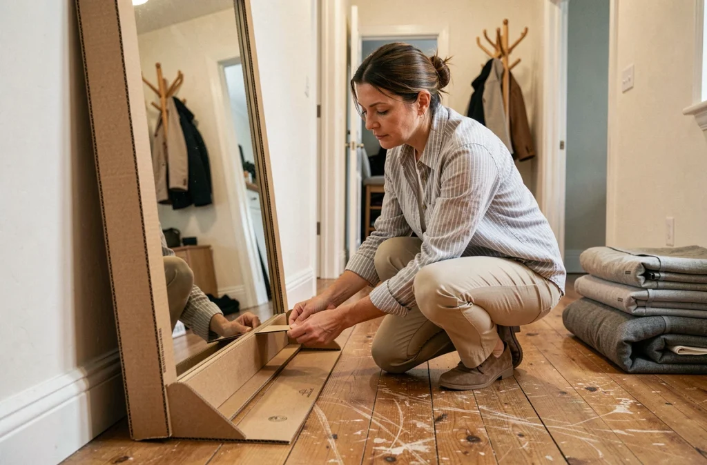 Femme protégeant les coins d'un grand miroir avec des protège-angles en carton avant le transport