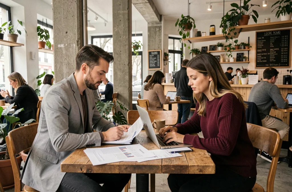 Deux professionnels du service discutant des opportunités d'une plateforme de mise en relation dans un café coworking parisien