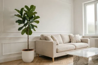 Salon minimaliste avec un ficus lyrata dans un pot en céramique blanche, ambiance scandinave épurée