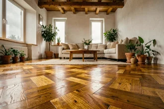Salon chaleureux avec parquet en noyer en motif chevron et mobilier en lin naturel