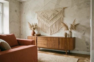 Grande tapisserie en macramé de coton naturel accrochée au mur d'un salon décoré avec une esthétique bohème et naturelle