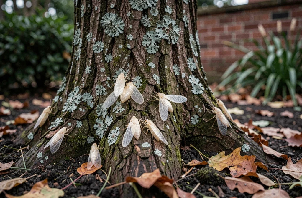 Termites ailées posées sur l'écorce d'un chêne en bordure de jardin avec feuilles mortes au sol