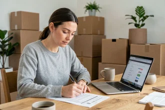 Femme organisant le transfert de ses abonnements lors d'un déménagement, entourée de cartons