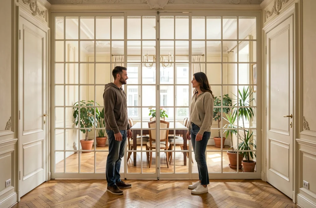 Verrière blanche style atelier séparant l'entrée et la salle à manger dans un appartement haussmannien