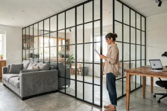 Verrière intérieure en acier noir séparant un salon et un bureau à domicile dans un appartement moderne