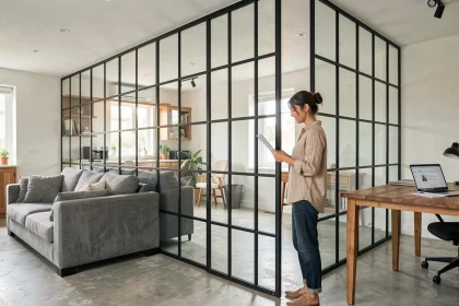 Verrière intérieure en acier noir séparant un salon et un bureau à domicile dans un appartement moderne