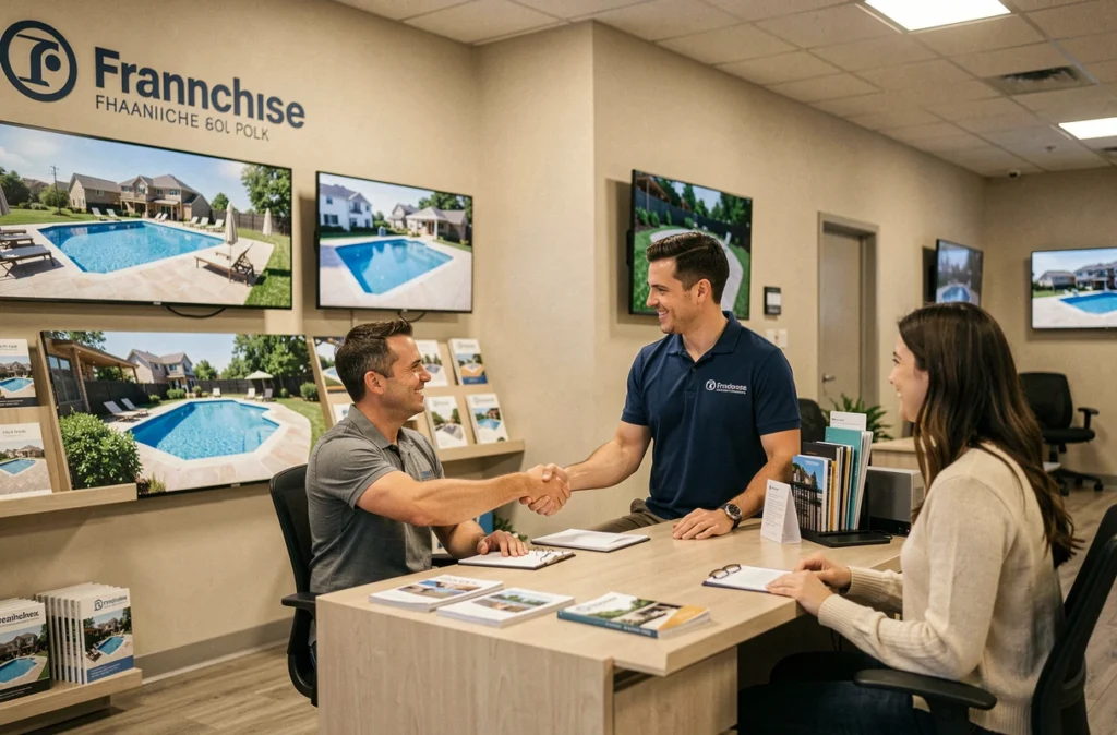 Conseiller Aquilus Piscines en rendez-vous de vente avec un couple dans le showroom franchisé