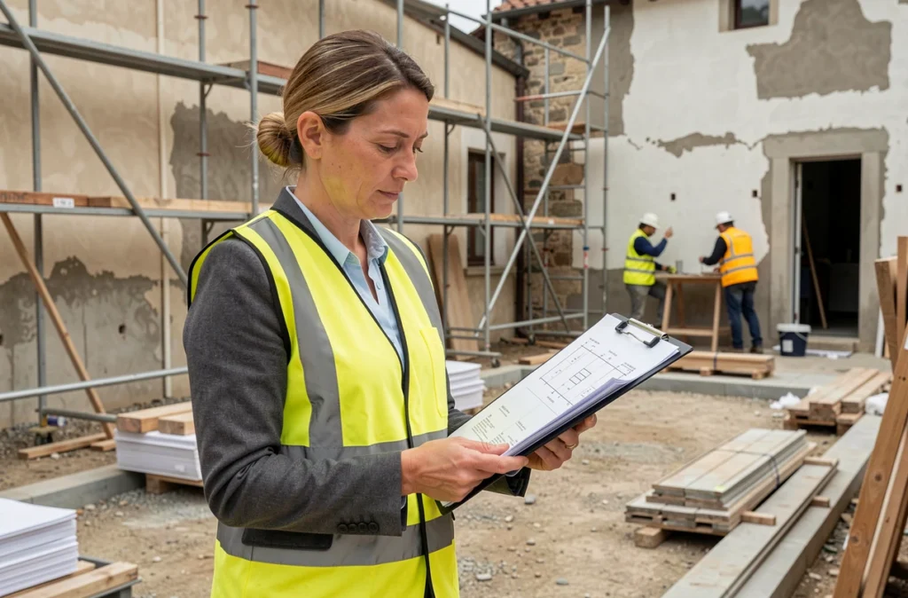 Cheffe de chantier consultant des plans sur un site de rénovation multi-corps de métiers, Atout Travaux
