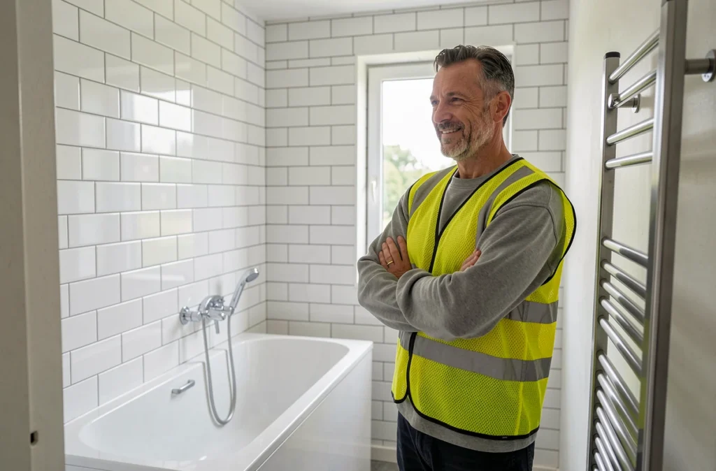 Ouvrier inspectant une rénovation de salle de bain complète dans une maison à Rouen