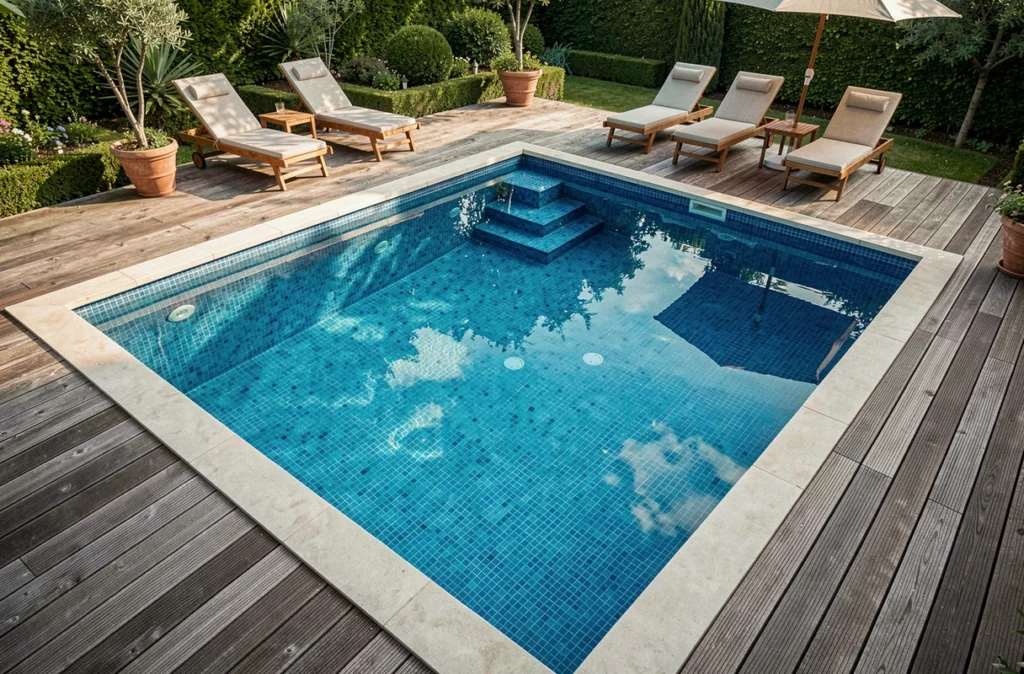 Piscine carrelée bleu turquoise de l'entreprise Bâtir en Bleu avec terrasse en bois et transat dans un jardin français