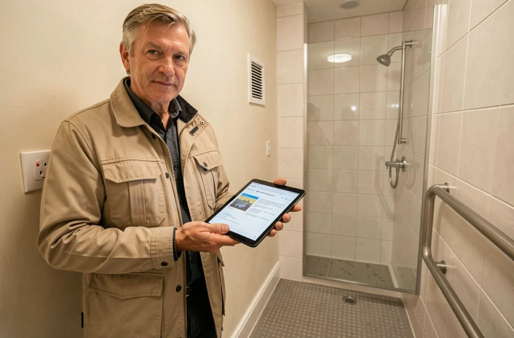 Expert en rénovation vérifiant la conformité aux normes d'une salle de bain rénovée dans une propriété en Normandie