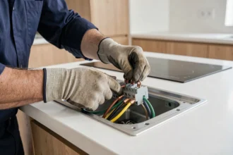 Électricien connectant 4 fils colorés au bornier d'une plaque induction encastrée avec ponts de raccordement cuivrés visibles