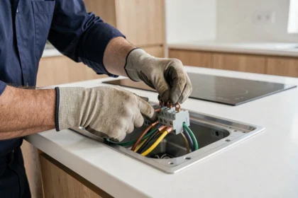 Électricien connectant 4 fils colorés au bornier d'une plaque induction encastrée avec ponts de raccordement cuivrés visibles